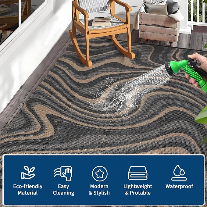 Garvee 10x20 Area Rugs Outdoor Waterproof Rug, Modern Plastic Straw Rug with Portable Bag, Foldable Lightweight Reversible UV Resistant Mats for Backyard, Picnic, Beach, RV, Porch, Black Coffee