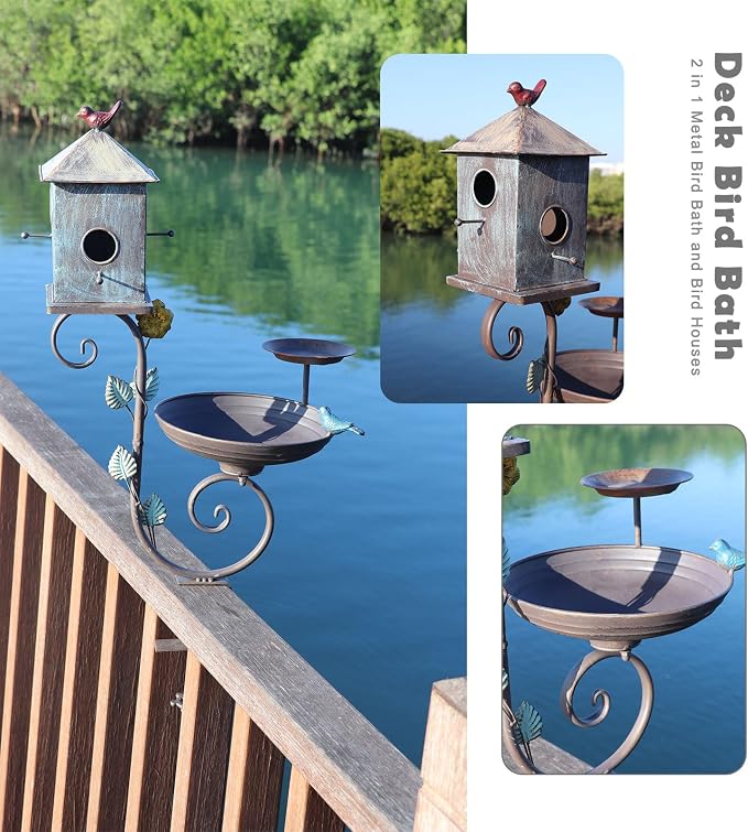 HLQMFHT Deck Bird Bath, 3 in 1 Metal Bird Bath and Bird Houses, Decorative Deck Mounted Bird Baths, Detachable and Adjustable Sturdy Deck Bird Bath for Outdoor Porch Yard Garden Decoration