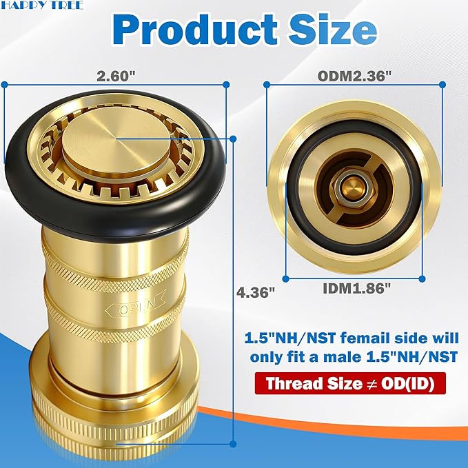 Happy Tree 1-1/2" NST/NH Brass Fire Hose Spray Nozzle 85 gpm Fire Equipment Heavy Duty Industrial Jet Fog Nozzle 100 psi FHSN04B