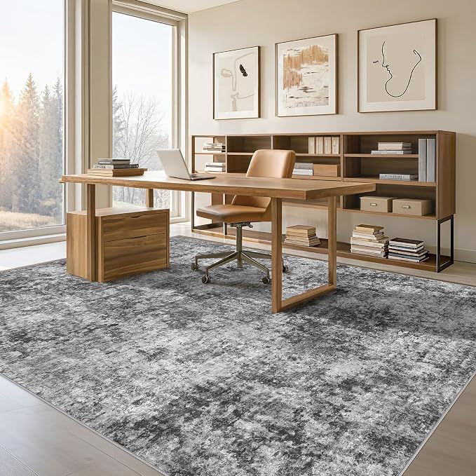 Tortania Washable 9x12 Area Rug for Living Room: Modern Abstract Neutral Large Soft Thin Rugs - Non Slip Indoor Carpet for Bedroom Dining Room Office Nursery Home Floor Decoration - Charcoal Grey