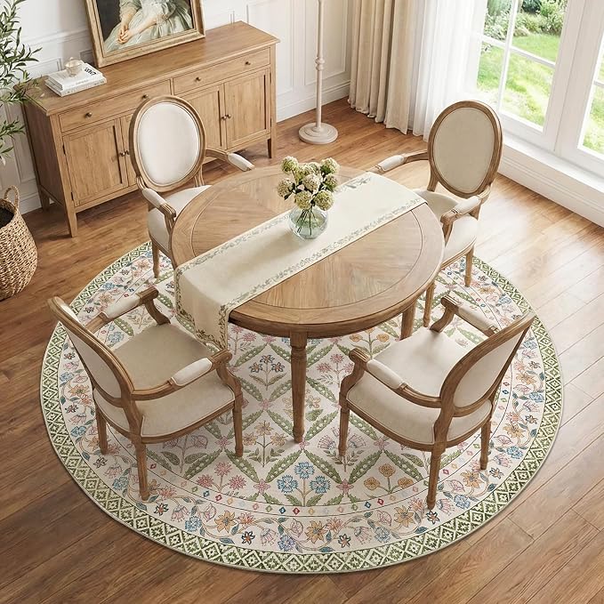 jinchan Round Rug 7ft Vintage Floral Washable Circle Area Rug, Sage Green | Soft & Lightweight, Checkered Floral, Low Pile, Non Slip, Dining Room, Living Room, Bedroom, Girls Room, Kids Room Decor