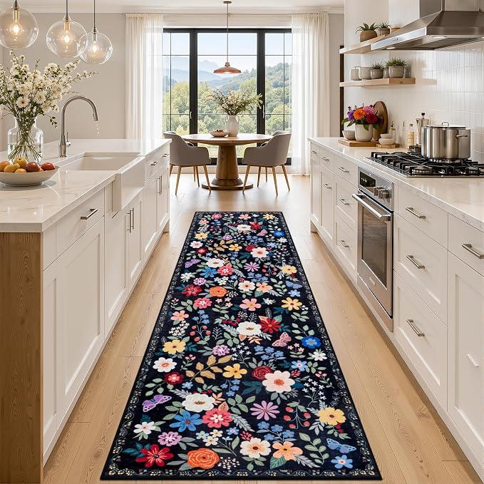 PLHXFR 3x10 Washable Runner Rug：Floral Indoor Kitchen Soft Carpet Black | For Hallway Bedroom Kitchen Laundry Bathroom Dorm,Vintage Floral,Machine washable,Non Slip,Stain Resistant,Indoor Floor