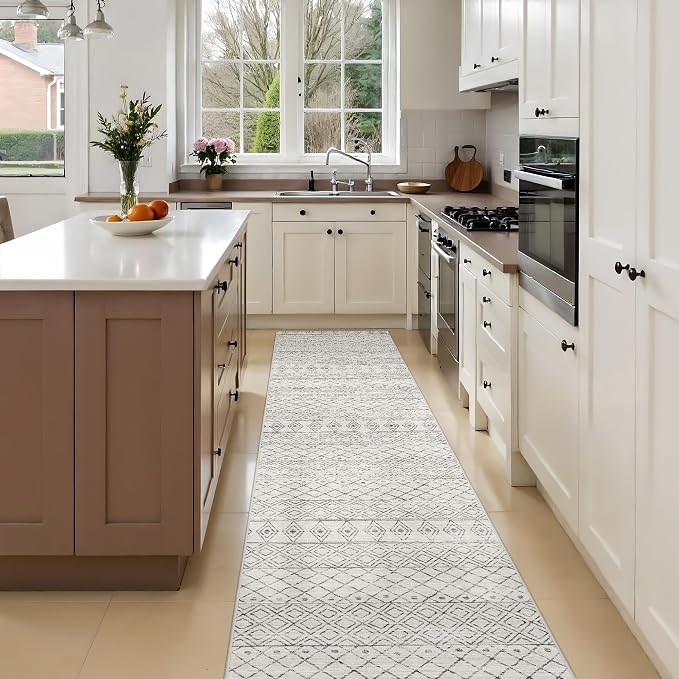2x10 Hallway Runner Rug: Washable Non Slip Moroccan Carpet Geometric Grey | Soft Stain Resistant Easy Clean Mat for Kitchen Entryway Bedroom Family with Pets