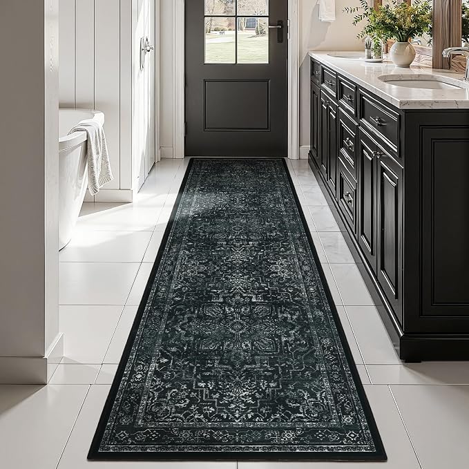Black White 2x8 Kitchen Runner Rug, Washable Non Slip Hallway Entryway Runner Indoor, Low Pile Vintage Medallion Distressed Carpet Runners 8ft for Bedroom Bedside/Laundry Room/Bathroom