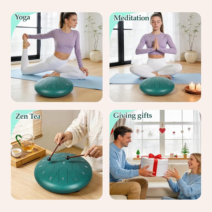Handpan Drum, 15 Notes 12 Inch Steel Tongue Drum with Music Book Tongue Drums Gift Rain Drum Mallet, and Carry Bag(Malachite, 12 Inch)