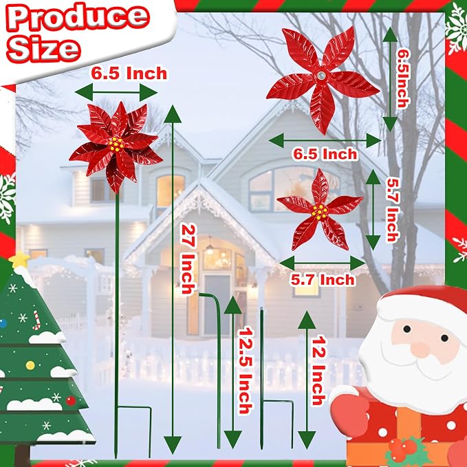 Metal Flowers Wind Spinner Garden Lawn Stakes Yard Art Poinsettia Windmill | 27 Inch Handicraft Lawn Decorations, 5 Pieces Christmas Star Stake, Metal Yard Art Outdoor Mother's Day Decoration Gift