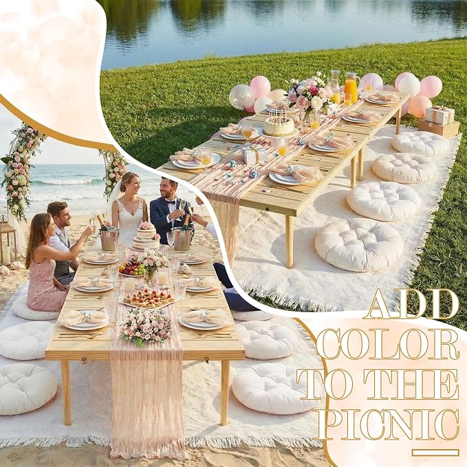 Beeveer Extra Large Outdoor Picnic Blanket with Table Runner Napkins and Floor Pillows Cushions for Picnic Party Camping Wedding Bachelorette Birthday Baby Shower Decor(71x118'',Beige,8 Set)
