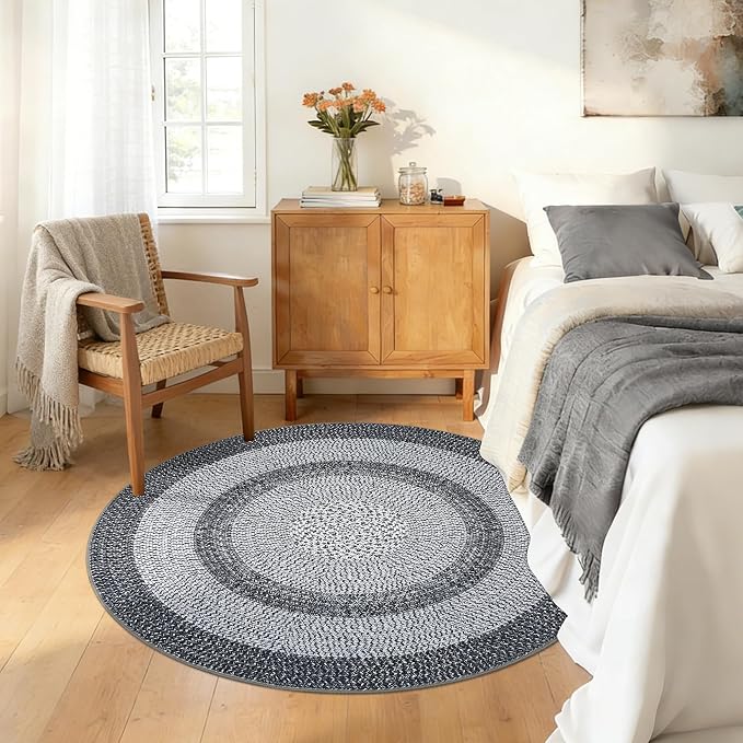 RUGSREAL Modern Bordered Round Area Rug 4ft Washable Bedroom Circle Rugs | Non Slip Stain Resistant Dining Room Round Throw Carpet Contemporary Circle Mats for Living Room Kitchen Nursery, Grey