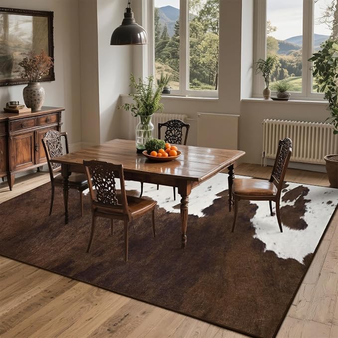 DweIke Cow Print Rug – 4x6 Faux Cowhide Carpet, Washable Soft Non-Slip Stain Resistant Animal Cow Hide Rugs for Living Room Bedroom Dining Room Office, Western Home Decor, Brown