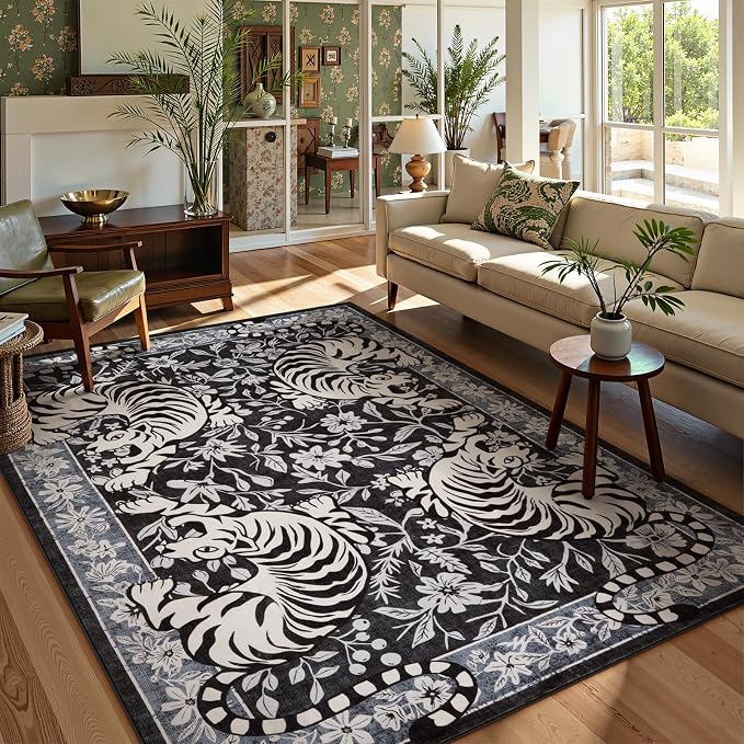 LIVEBOX Tiger Washable Rugs for Living Room, 8x10 Boho Bedroom Rug Non-Slip Jungle Floral Area Rug, Soft Stain Resistant Vintage Western Animal Floor Carpet for Dining Room Home Office Dorm (Black)