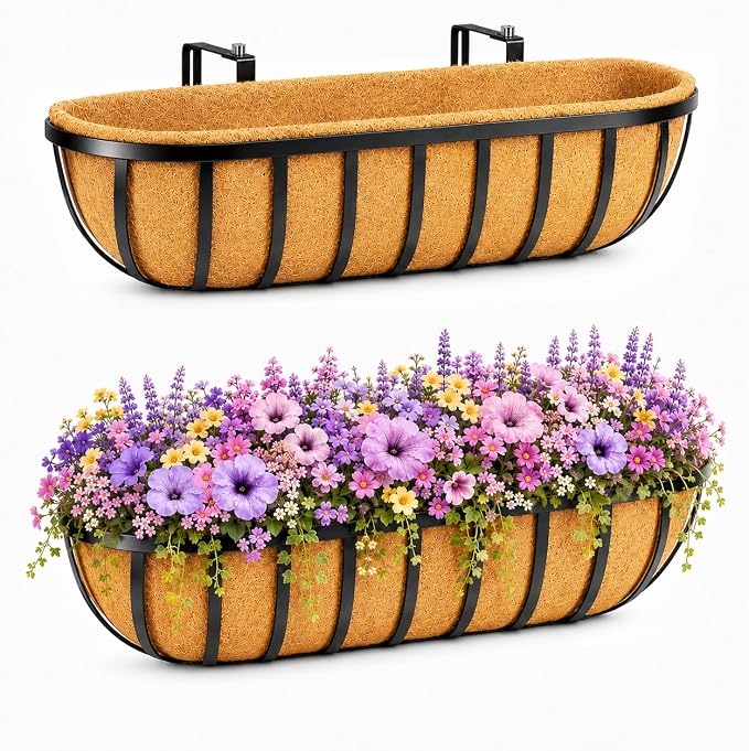 30 Inch 2 PCS Window Box Deck Railing Planter with Coco Liners, Hanging Flower Planters Black Metal Baskets for Indoor Outdoor, Balcony, Porch, Fence, Lawn and Patio