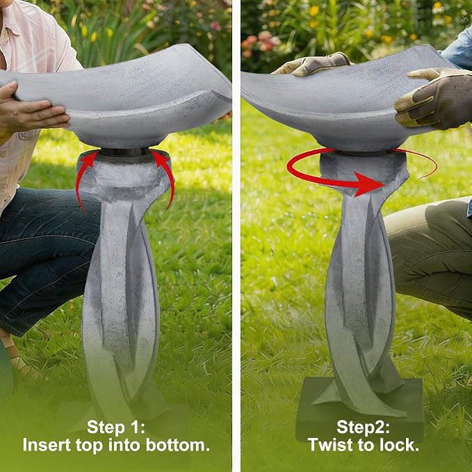SKYFIRE 22.8" Tall Modern Bird Bath, Concrete Sculptural Pedestal Birdbath, Contemporary Outdoor Yard Statue with Twisted Base for Garden, Patio, Backyard Decor - 14.5" Dia x 22.8" H