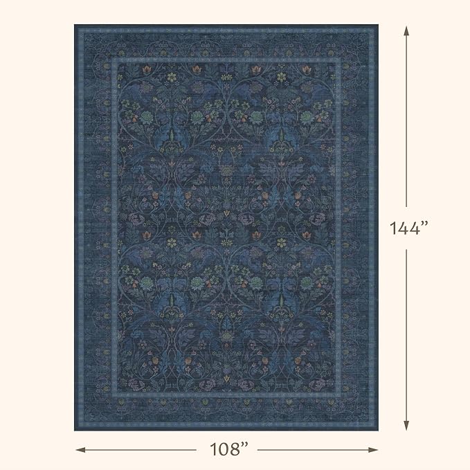 9x12 Vintage Big Floor Rugs for Living Room, Machine Washable Soft Dark Blue Rugs for Bedroom, Low Pile Carpet with Vintage & Boho Décor Floral and Botanical Pattern