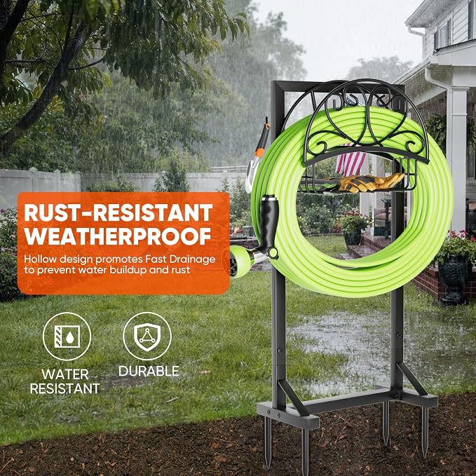 Stable Garden Hose Holder with Storage Basket and Tool Hooks, Heavy-Duty Water Hose Storage Metal Hose Hanger Holds 160Ft, Rustproof Freestanding Hose Holder for Outside,Yard,Lawn,Farm