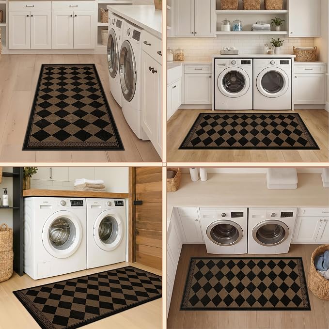 Brown and Black Easy Jute Runner Rug 2x5 for Laundry Room, Non Skid Washable Checkered Entryway Runner Rug, Boho Low Pile Diamond Carpet for Kitchen, Bathroom, Scandinavian Minimalist Style