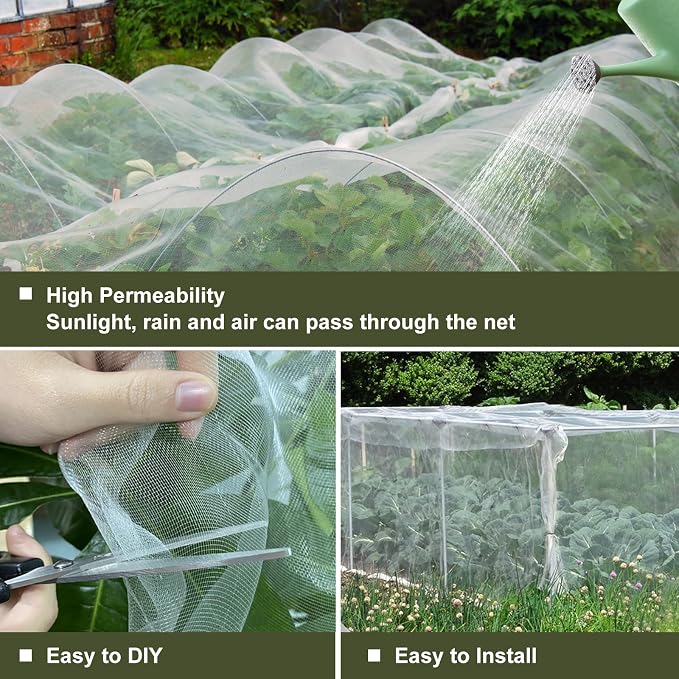 Rohuis Garden Netting Pest Barrier, 10 ft x 50 ft Ultra Fine Mesh Mosquito Cicada Bird Bug Net for Raised Garden Bed Greenhouse, Plant Row Cover for Protect Vegetables Fruits Flowers Trees from Insect