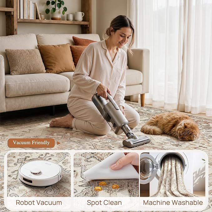 DTICON Vintage Washable 9x13 Area Rug Living Room Rugs, Beige | Boho Distressed, Pet & Kid Friendly, Non-Slip Backing, Soft Polyester, Low-pile Carpet for Living Room, Bedroom, Dining Room
