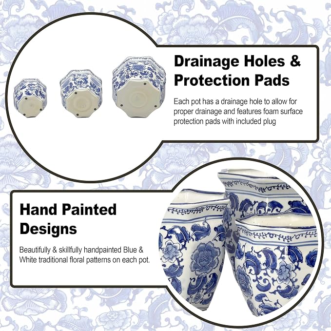 Galt International Blue & White Round Fluted Classic Floral Porcelain Ceramic Plant Flower Planter Pot Set of 3 (7.5", 10", 13") Garden Pots Chinese Asian Design