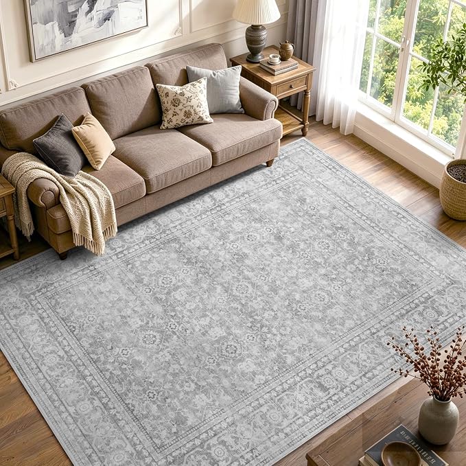 4x6 Ft Area Rugs for Living Room, Soft Non-Slip Machine Washable Rug, Vintage Stain Resistant Carpets for Bedroom Nursery Dining Room Home Decor (Grey)