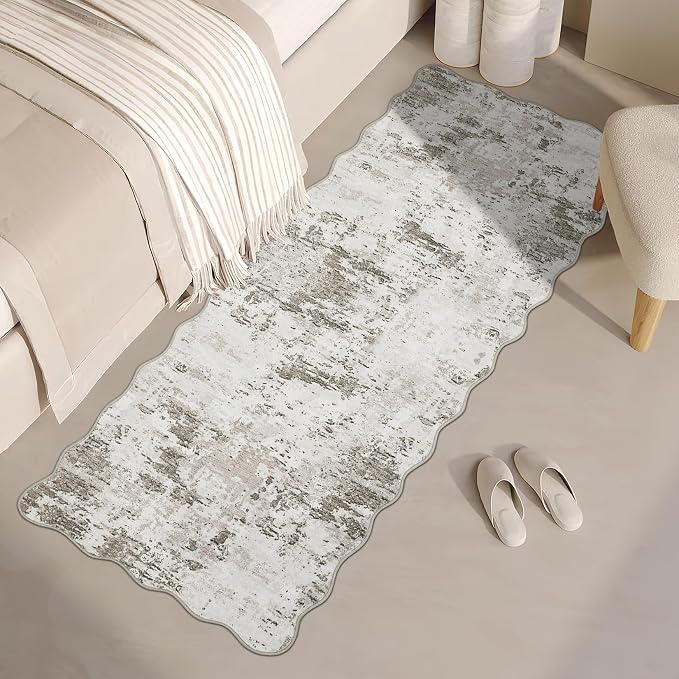 ROYHOME 2x6 Modern Abstract Scalloped Runner Rug Non Slip, Taupe | Soft Stain Resistant Low Pile Machine Washable Non Shed Rug for Hallway Kitchen Bathroom