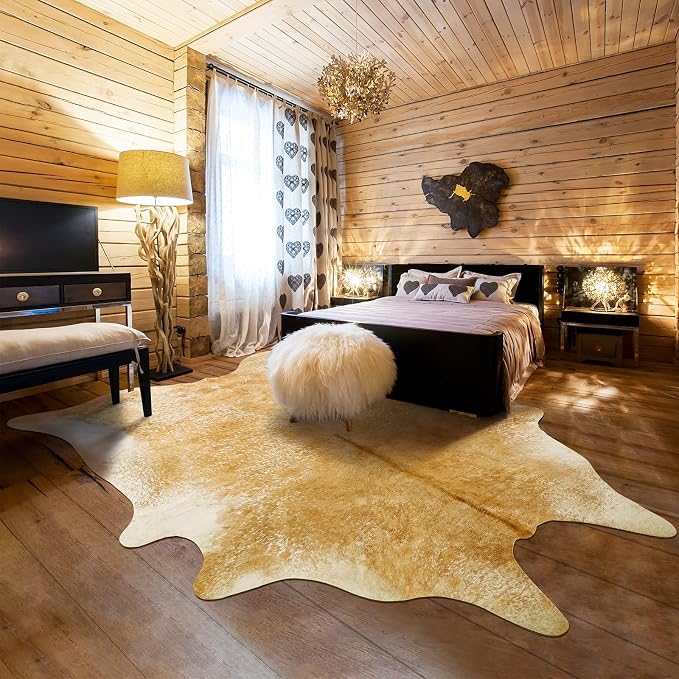 Washable Cowhide Rug for Living Room, Large 6x7 Khaki Faux Cow Print Area Rugs, Non Slip Animal Skin Bedroom Carpet, Rustic Western Home Decor Fake Hide Floor Mat for Office Fireplace