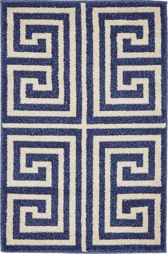 Unique Loom Athens Collection Classic Geometric Modern Border Design Area Rug (2' 0 x 3' 0 Rectangular, Navy Blue/ Beige)