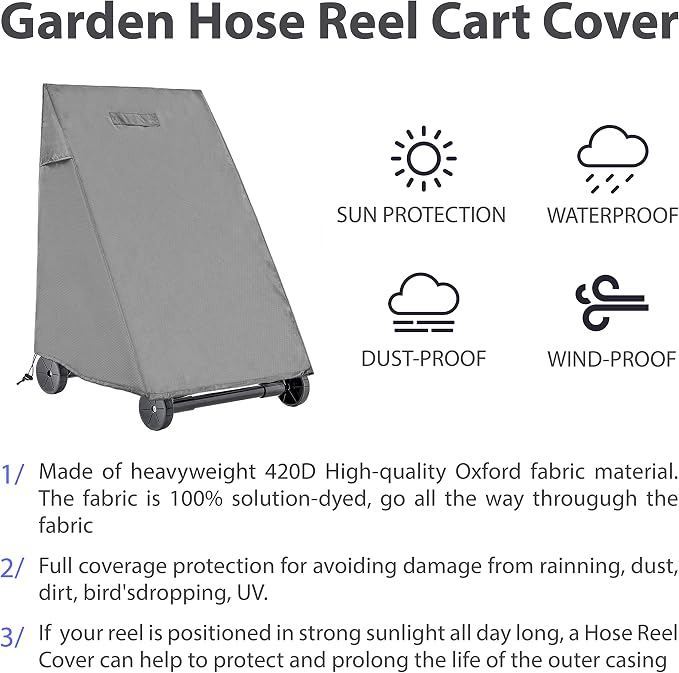 Hose Reel Cart Cover for Outdoor Ventilated Buckle Fit Cover | 420D Oxford fabric UV tear resistant rear hose access dual vents 25.9x24.8x34.6 inch outdoor patio backyard
