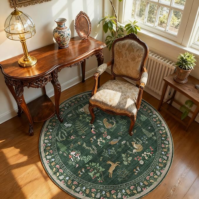 Washable Round Rugs for Bedroom 4ft: Living Room Rug Stain Resistant Non Slip Low Pile Ultra Soft Faux Wool Small Circle Rugs for Kitchen Entryway Nursery Bathroom Entrance Dorm Home Office Indoor