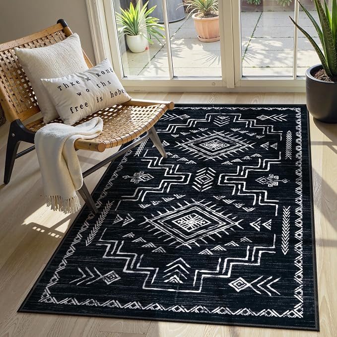 STARUIA 3x5 Washable Area Rug Western, Non-Slip Small Entryway Rug Black Aztec Tribal Classic Boys Rug for Bedroom Living Room Low-Pile Carpet for Indoor Kitchen Bathroom(Black 3'x5')