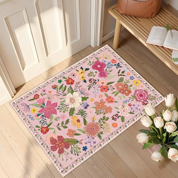 Latte&Fog Floral Entryway Area Rug, 2x3 Washable Pink Rugs for Entry | Low Pile Non Slip Soft Throw Rug Doormat for Entrance Bathroom Laundry Bedroom Nursery Playroom Hallyway Dorm Decor Office