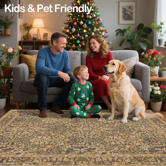 6x9 Washable Area Rugs for Living Room, Stain Resistant Vintage Rugs for Dining Room Under Kitchen Table, Bedroom, Floral Low Pile Non-Slip Large Carpet (6 x 9 Goldenrod)