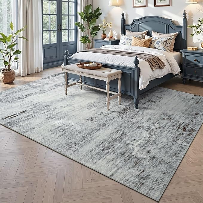 Toneed Washable 8x10 Grey Area Rug with Non-Slip Backing for Living Room | Abstract Modern Rugs, Soft Low Pile Carpet for Bedroom Kitchen Dining Room Nursery Indoor Floor Office Home Decor