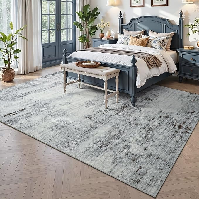 Toneed Washable 7x9 Grey Area Rug with Non-Slip Backing for Living Room | Abstract Modern Rugs, Soft Low Pile Carpet for Bedroom Kitchen Dining Room Nursery Indoor Floor Office Home Decor