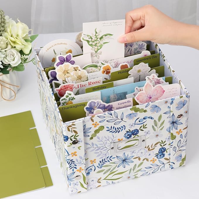 Greeting Card Storage Box Collapsible Card Organizer with 16 Dividers and Sticker Greeting Card Keeper for Holiday Birthday Photos Recipes Envelopes Large Cards Crafts Scrapbooking
