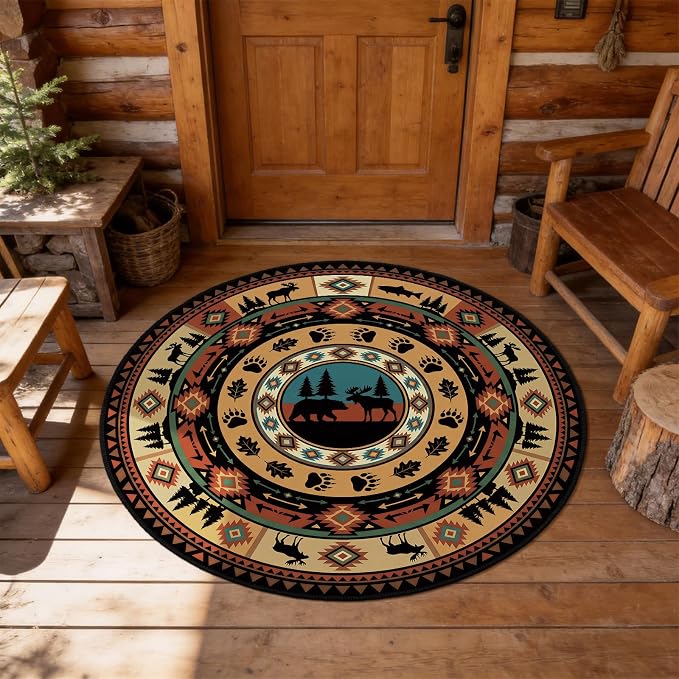 3ft Round Southwestern Tribal Area Rug Rustic Cabin Rug Lodge Decor | Secure non-slip backing and stain-resistant finish for effortless maintenance in any mountain-inspired space.