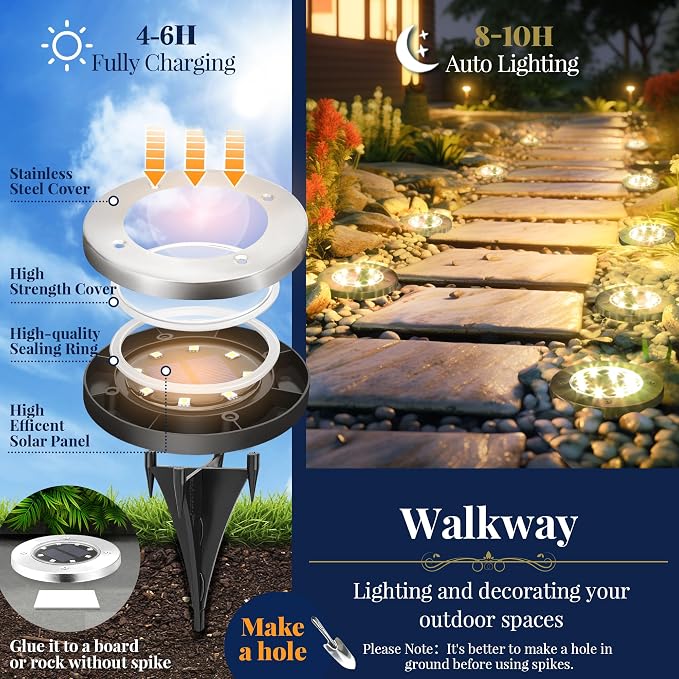 SOLPEX Solar Ground Lights, 12 Pack Solar Lights Outdoor Waterproof, 8 LED Solar Powered Landscape Lighting for Garden Yard Patio Driveway Pathway Walkway (Warm White)
