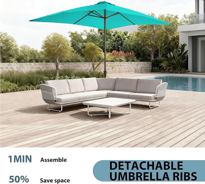 8x10FT Rectangular Patio Umbrella with Crank Lift for Garden,UV Protection Outdoor Umbrella for Deck,Pool and Yard,Turquoise
