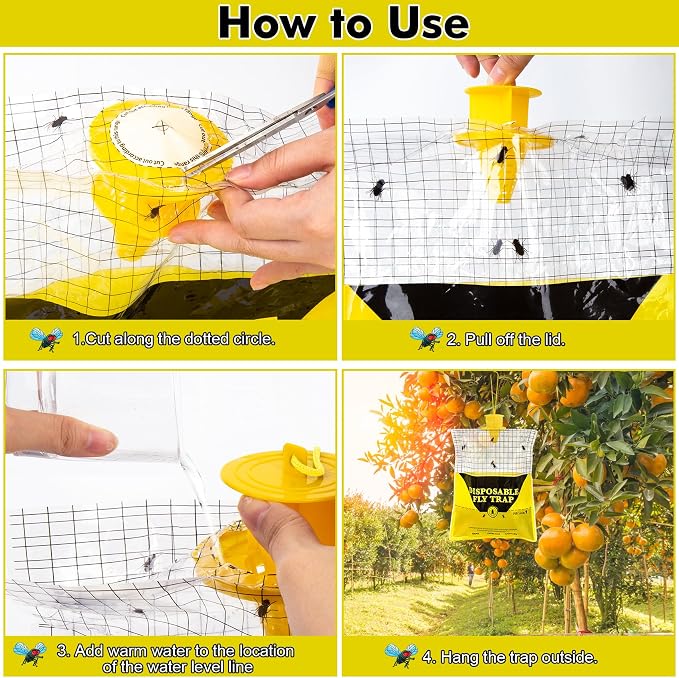 Outdoor Fly Traps for Patio, 6 Pack Pre-Baited Big Fly Bags Outdoor Disposable, Hanging Fly Catcher Hunter Stable Horse Ranch Control Repellent Killer for Barn, Farm