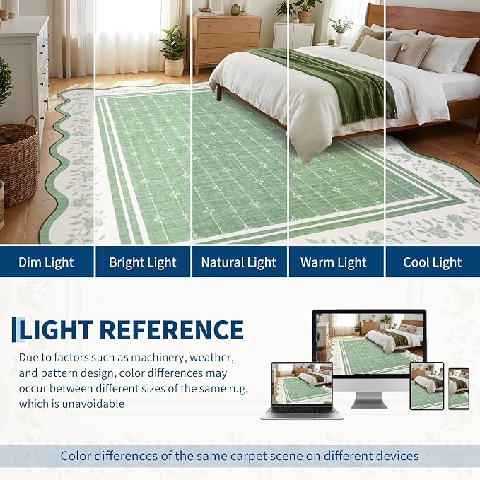 Garvee Washable Rugs for Living Room 8x10 Area Rugs Scalloped Rug Green | Modern Bordered Non Slip Large Kids Bedroom Carpet Indoor Stain Resistant Floor Cover for Bedroom Dining Room Office Nursery