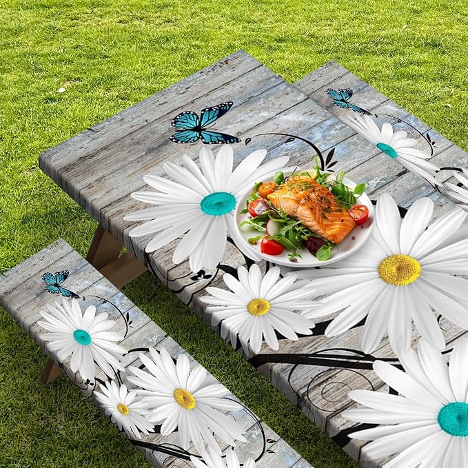 Daisy Flowers Butterfly Picnic Table Cover with Bench Covers, Wooden Vintage Farmhouse Outdoor Camping Essentials 6FT 3PCS Fitted Rectangle RV Must Haves Tablecloth with Drawstring Bag