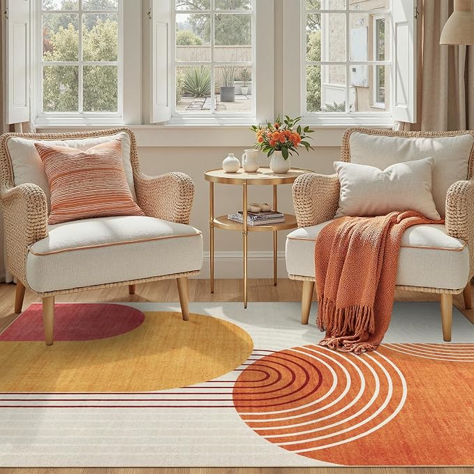 DCX Abstract Washable 9x12 Rug, Non Slip Low Pile Rug, Orange & Yellow | Rugs for living room, bedroom, dining room, office, soft, mid century modern rug, sain resistant indoor carpet, home decor