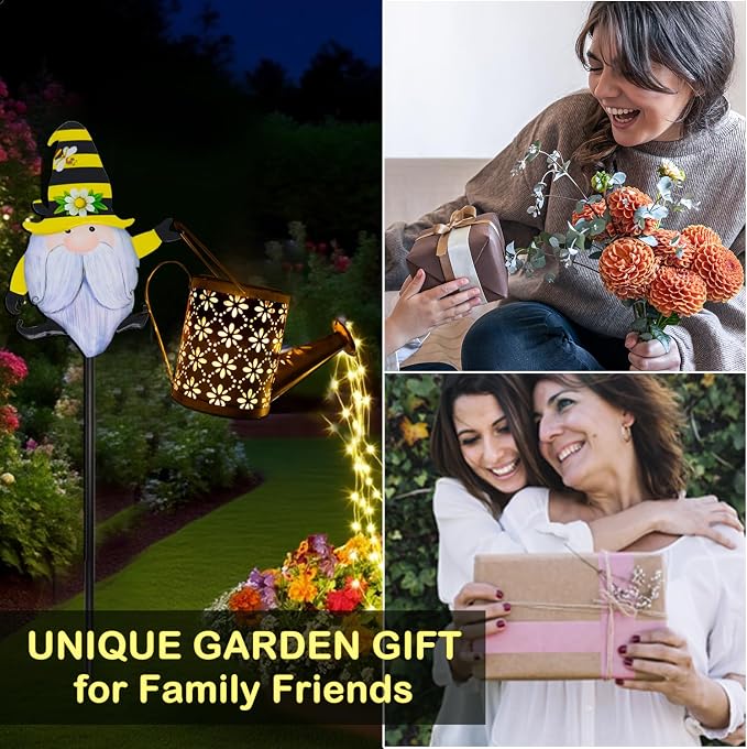 Solar Watering Can with Cascading Lights Outdoor Garden Decor, Gnome Shaped Hook Gardening Gifts for Mom Women Grandma Birthday, Solar Lights for Garden Decorations Patio Yard Lawn Backyard