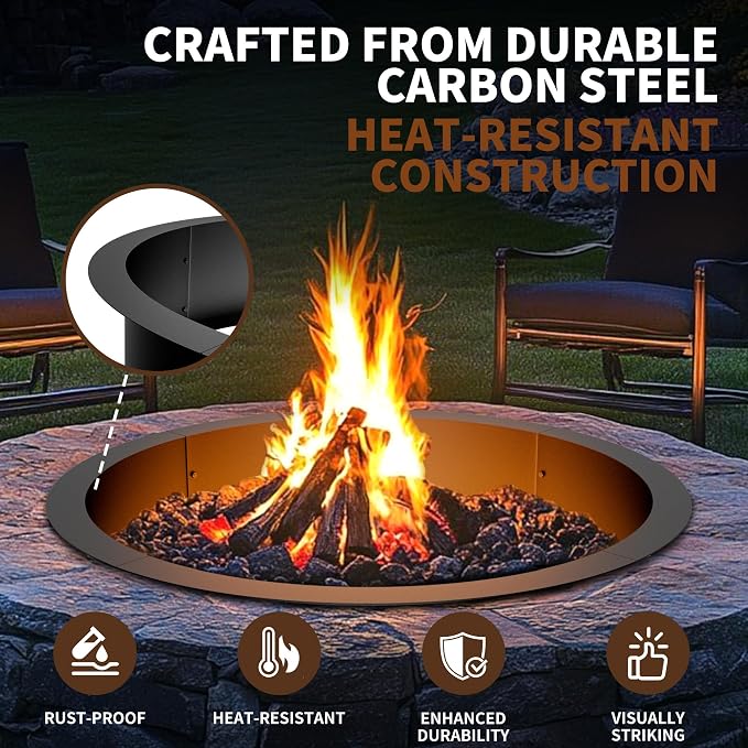 Fire Pit Ring Insert for Garden Patio Backyard | 36 Inch Smokeless Fire Pit Ring for Outside Fire Pit, Carbon Steel Firepit Rim Insert for DIY Fire Pits, Anti-Rust Coating