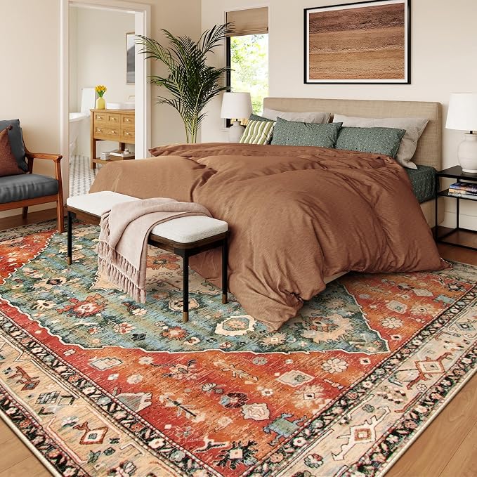 Lahome Felice Boho Tribal 6x9 Area Rugs for Living Room, Washable Soft Rug for Bedroom, Oriental Dining Room Rugs for Under Table, Large Vintage Non Slip Carpet for Office (Rust/Dull Teal,6x9ft)