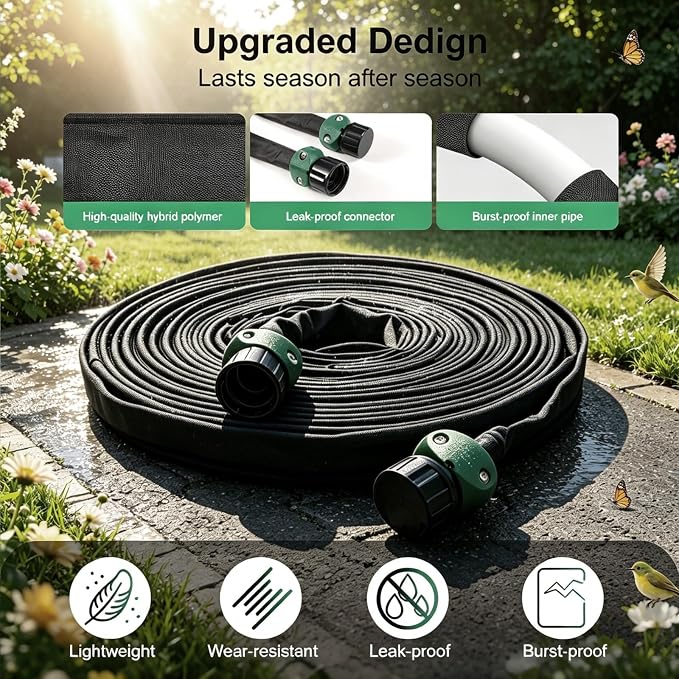 Flat Soaker Hose 15 ft 2-Pack with Splitter, 80% Water-Saving Drip Irrigation Hose, Linkable DIY Garden Soaker Hose System for Garden Beds, Lawn, Vegetables & Trees (15ft 2-pack)