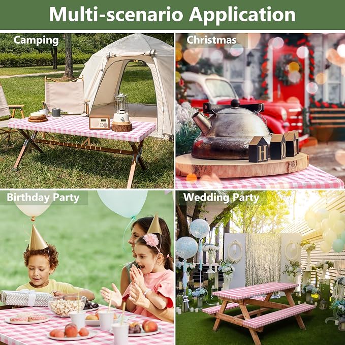 Picnic Table Cover with Bench Covers and Bag, Camping Essentials Camping Table Cover with Elastic Edges, 72x30 Inches 3 Pcs Set (Pink)