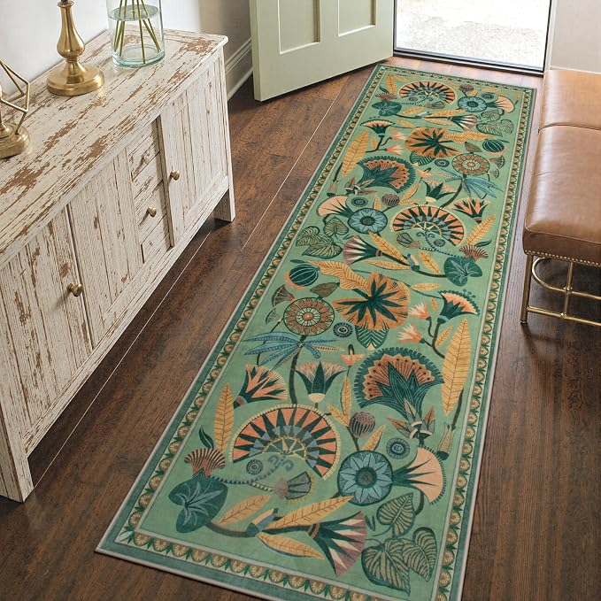 Zealude Floral Kitchen Rugs, 2.5X8 Green Runner Rug for Hallway, Non Slip Rugs for Entryway, Washable Carpet Runner with Rubber Backing, Vintage Rug for Bathroom Bedroom Indoor
