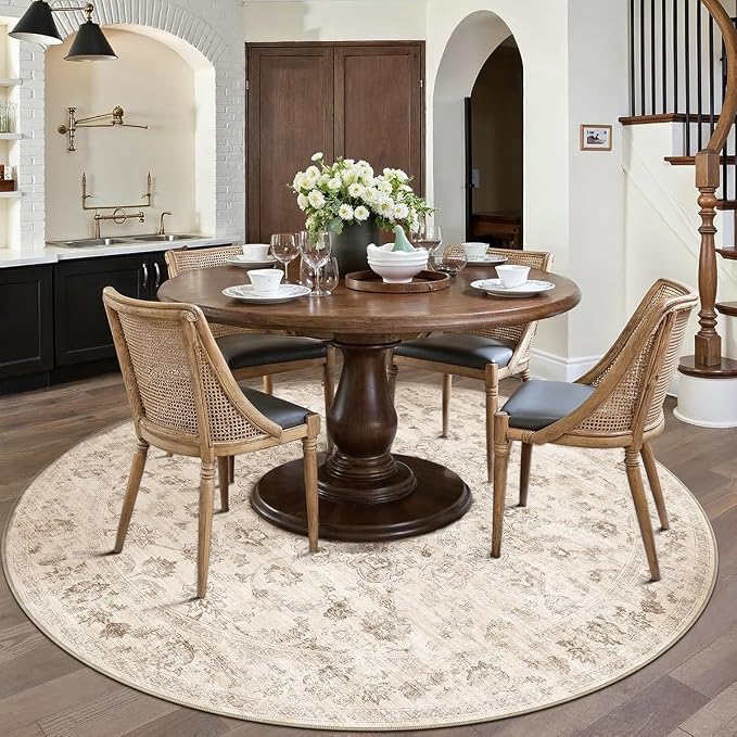 6x6 Beige Neutral Round Rug | Washable, Non Slip, Soft Low Pile, Vintage Farmhouse, for Dining Room Living Room Bedroom Office Entryway Indoor Home Decor