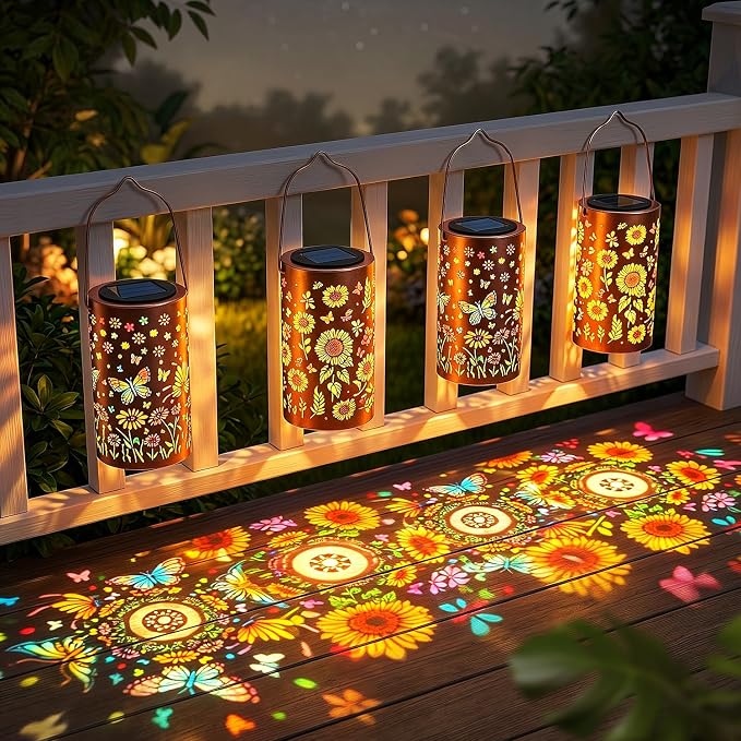 Garden Decor - [2 Pack] Colorful Hanging Solar Lanterns Outdoor Waterproof, Sunflower + Butterfly Solar Lantern for Courtyard Patio Table Step Front Porch Decor, Gifts for Mom Wife Grandma Friends