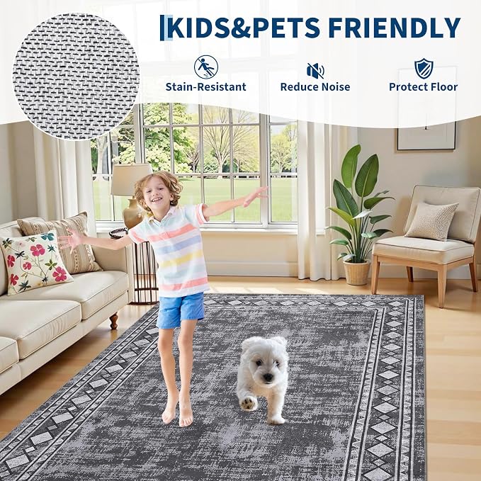 Garvee 8x10 Vintage Border Washable Rugs for Living Room Bedroom Rug, Grey | Boho Area Rug Stain Resistant Easy Cleaning Throw Rugs Low Pile Floor Cover for Nursery Dining Room Apartment